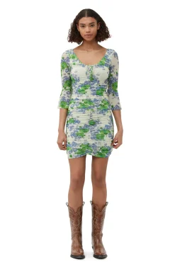 Outlet GANNI Bedrucktes Mesh-Minikleid Mit Ruschen Und U-Ausschnitt Egret