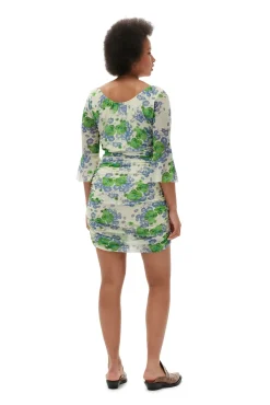 Outlet GANNI Bedrucktes Mesh-Minikleid Mit Ruschen Und U-Ausschnitt Egret