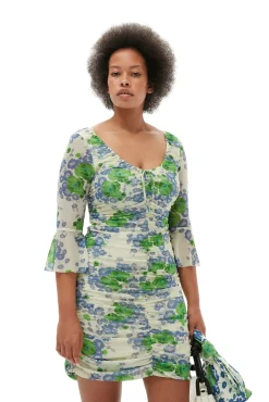 Outlet GANNI Bedrucktes Mesh-Minikleid Mit Ruschen Und U-Ausschnitt Egret