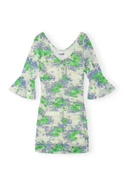 Outlet GANNI Bedrucktes Mesh-Minikleid Mit Ruschen Und U-Ausschnitt Egret