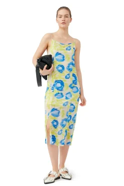 Store GANNI Bedrucktes Mesh-Slip-Kleid Strong Blue
