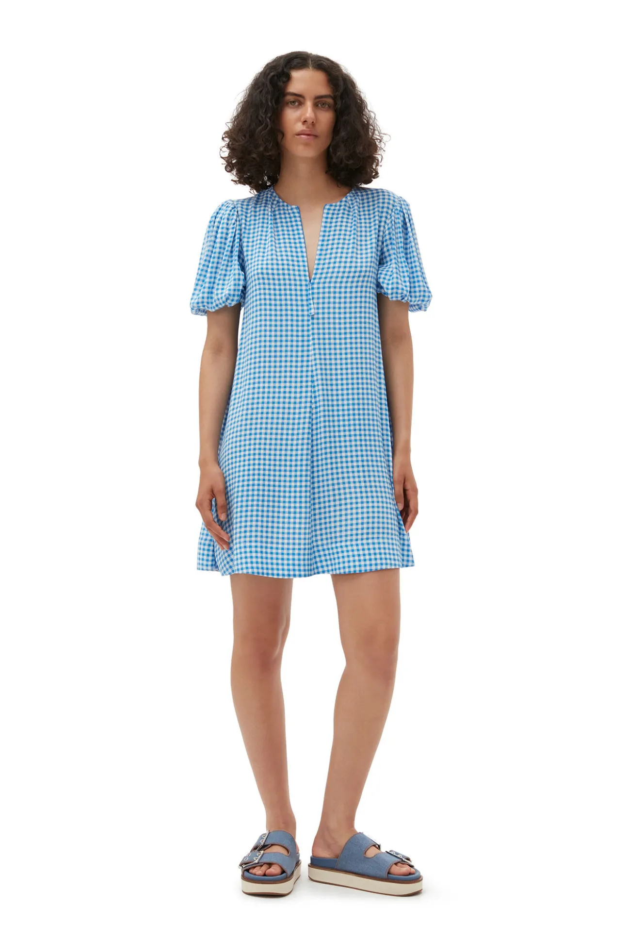 Fashion GANNI Bedrucktes Minikleid Aus Krepp Strong Blue