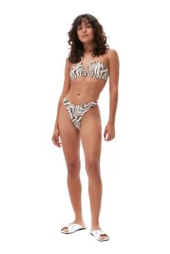 Outlet GANNI Bedrucktes V-String-Bikinioberteil Aus Recyceltem Material Egret