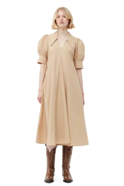 Clearance GANNI Beige Maxikleid Aus Cotton Poplin Mit V-Ausschnitt Curds And Whey