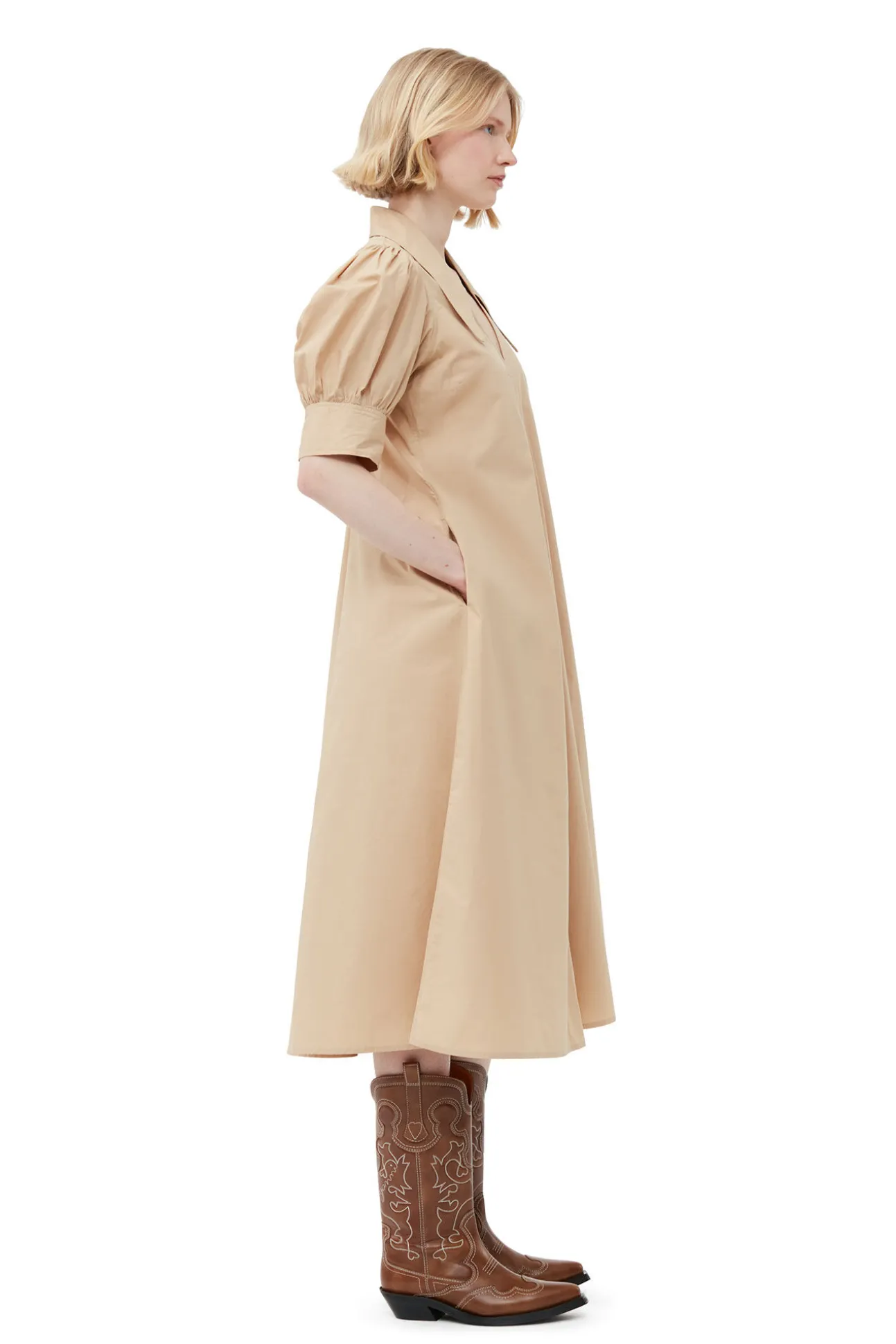 Clearance GANNI Beige Maxikleid Aus Cotton Poplin Mit V-Ausschnitt Curds And Whey