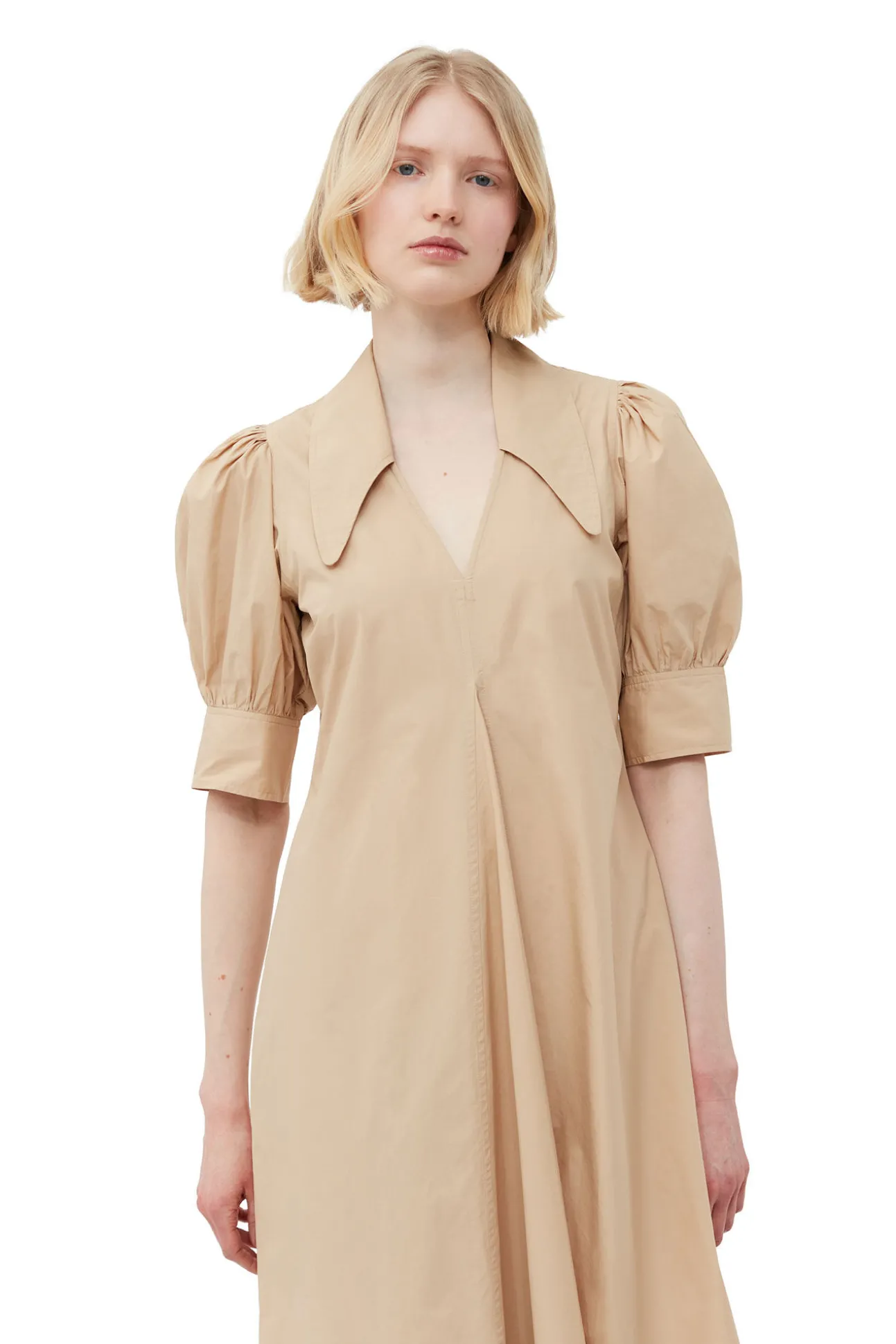 Clearance GANNI Beige Maxikleid Aus Cotton Poplin Mit V-Ausschnitt Curds And Whey