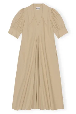 Clearance GANNI Beige Maxikleid Aus Cotton Poplin Mit V-Ausschnitt Curds And Whey