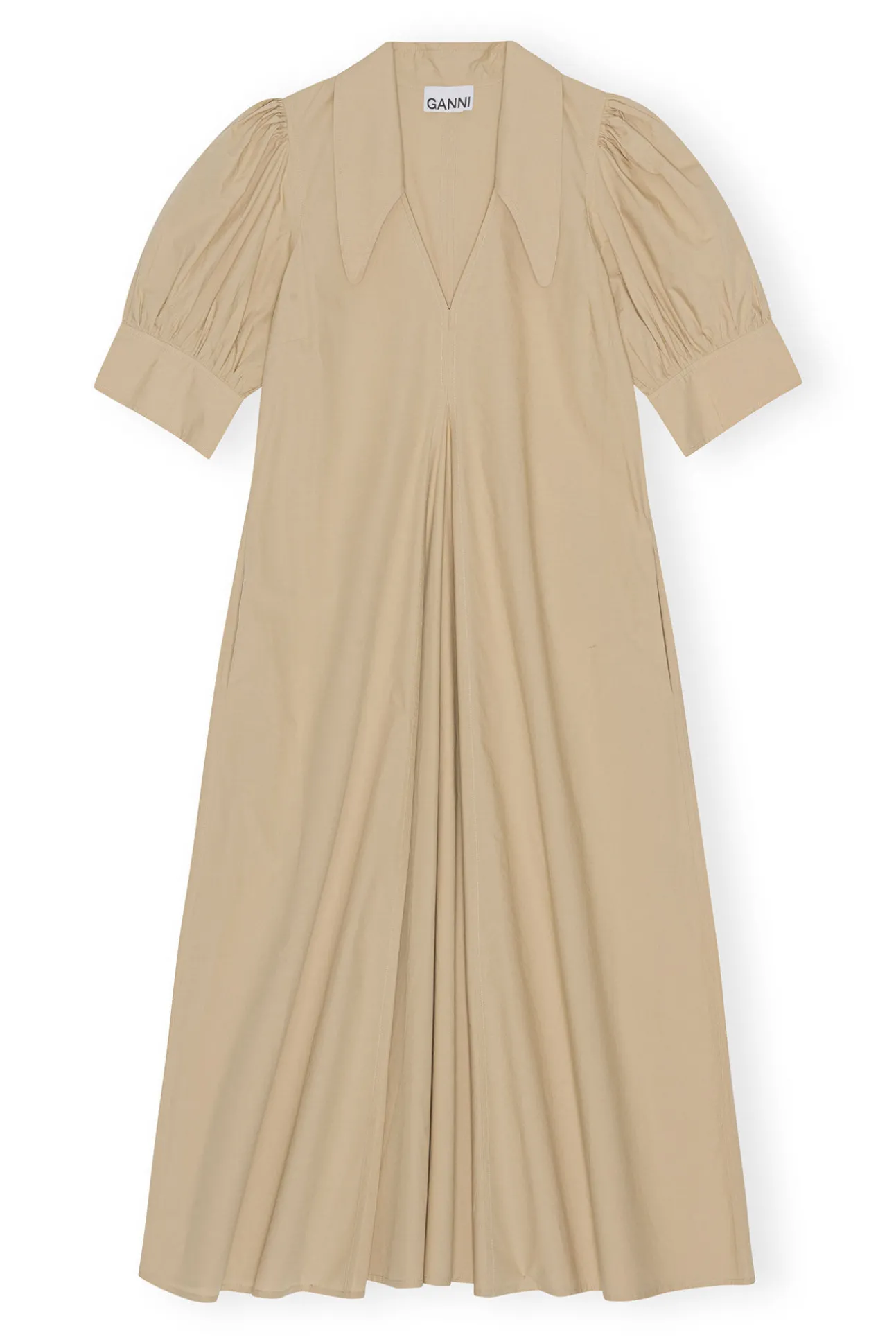Clearance GANNI Beige Maxikleid Aus Cotton Poplin Mit V-Ausschnitt Curds And Whey