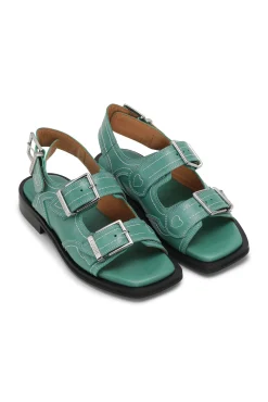 Sale GANNI Bestickte Westernsandalen Bottle Green
