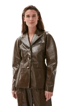 Fashion GANNI Brauner Lack-Blazer Teak