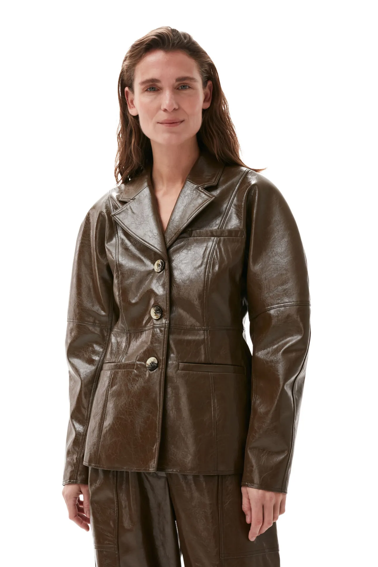 Fashion GANNI Brauner Lack-Blazer Teak
