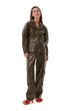 Fashion GANNI Brauner Lack-Blazer Teak