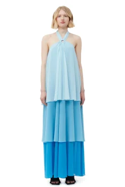 New GANNI Chiffon-Lagen-Maxikleid Ethereal Blue