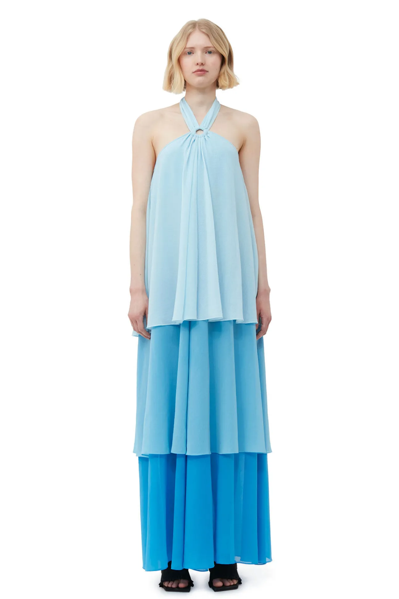 New GANNI Chiffon-Lagen-Maxikleid Ethereal Blue