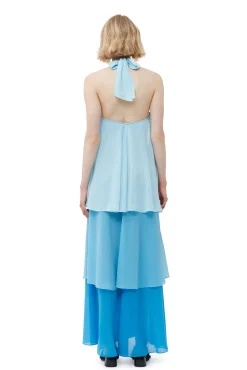 New GANNI Chiffon-Lagen-Maxikleid Ethereal Blue