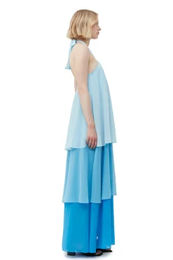 New GANNI Chiffon-Lagen-Maxikleid Ethereal Blue