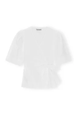 Online GANNI Cotton Poplin Drapey Wrap Blouse Bright White