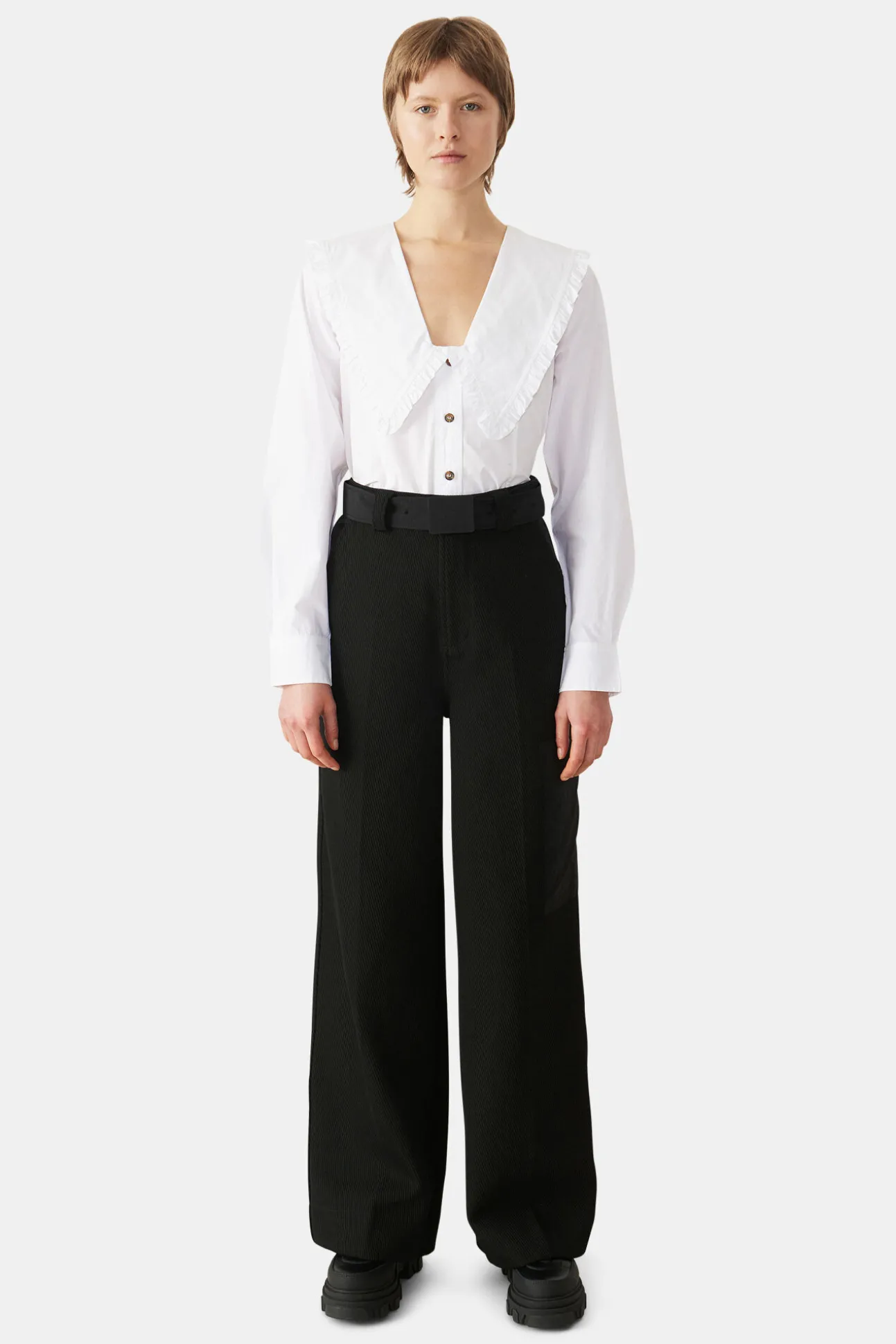 Sale GANNI Cotton Poplin Frill Hemd Bright White