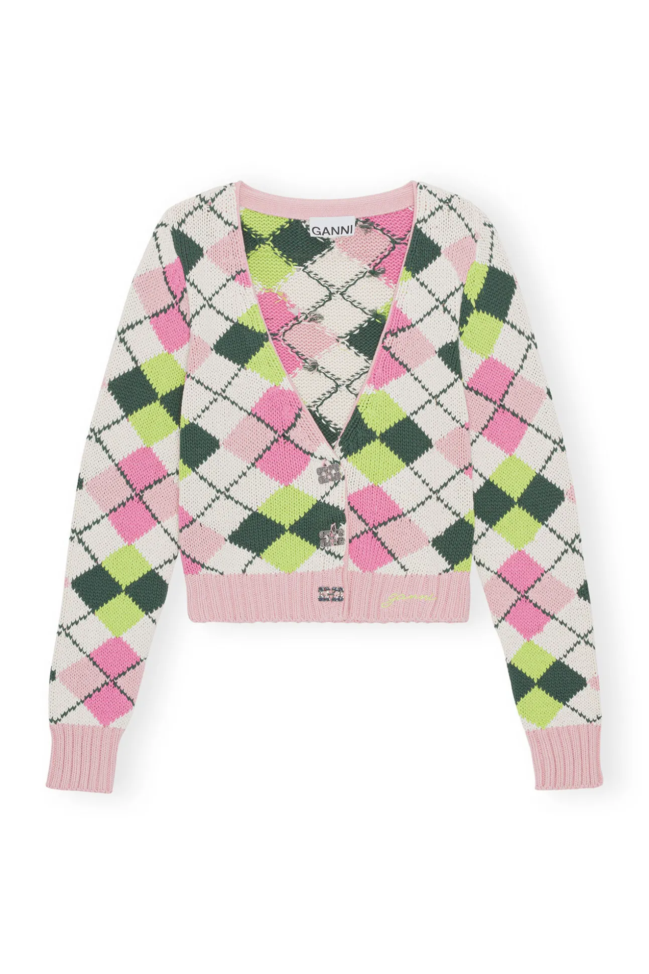 New GANNI Cotton-Cardigan Mit V-Ausschnitt Und Grafik Multicolour