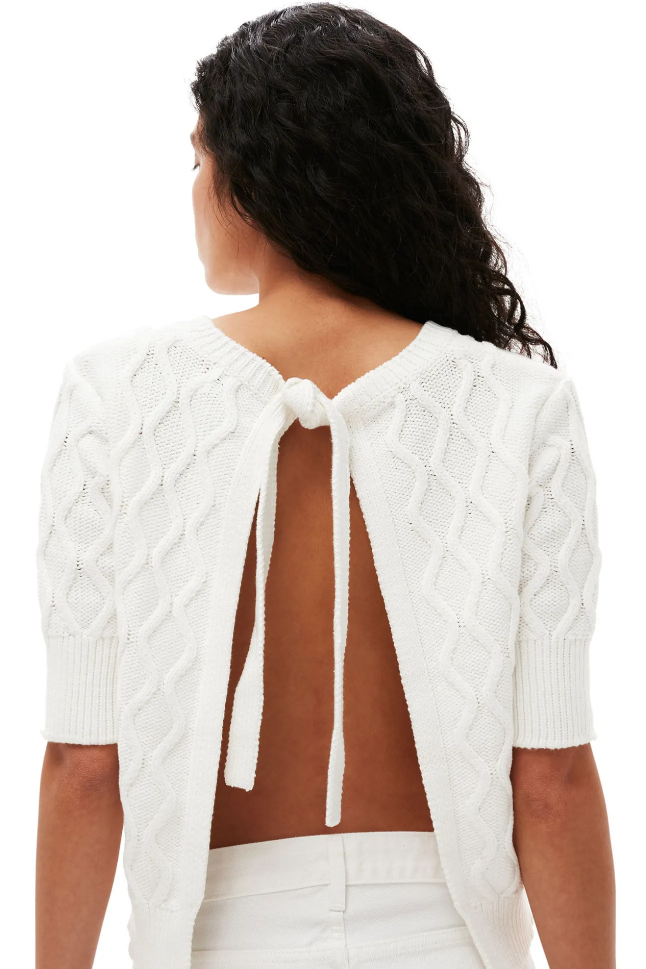 Sale GANNI Cotton-Oberteil Mit Zopfmuster Und Offenem Rucken Bright White