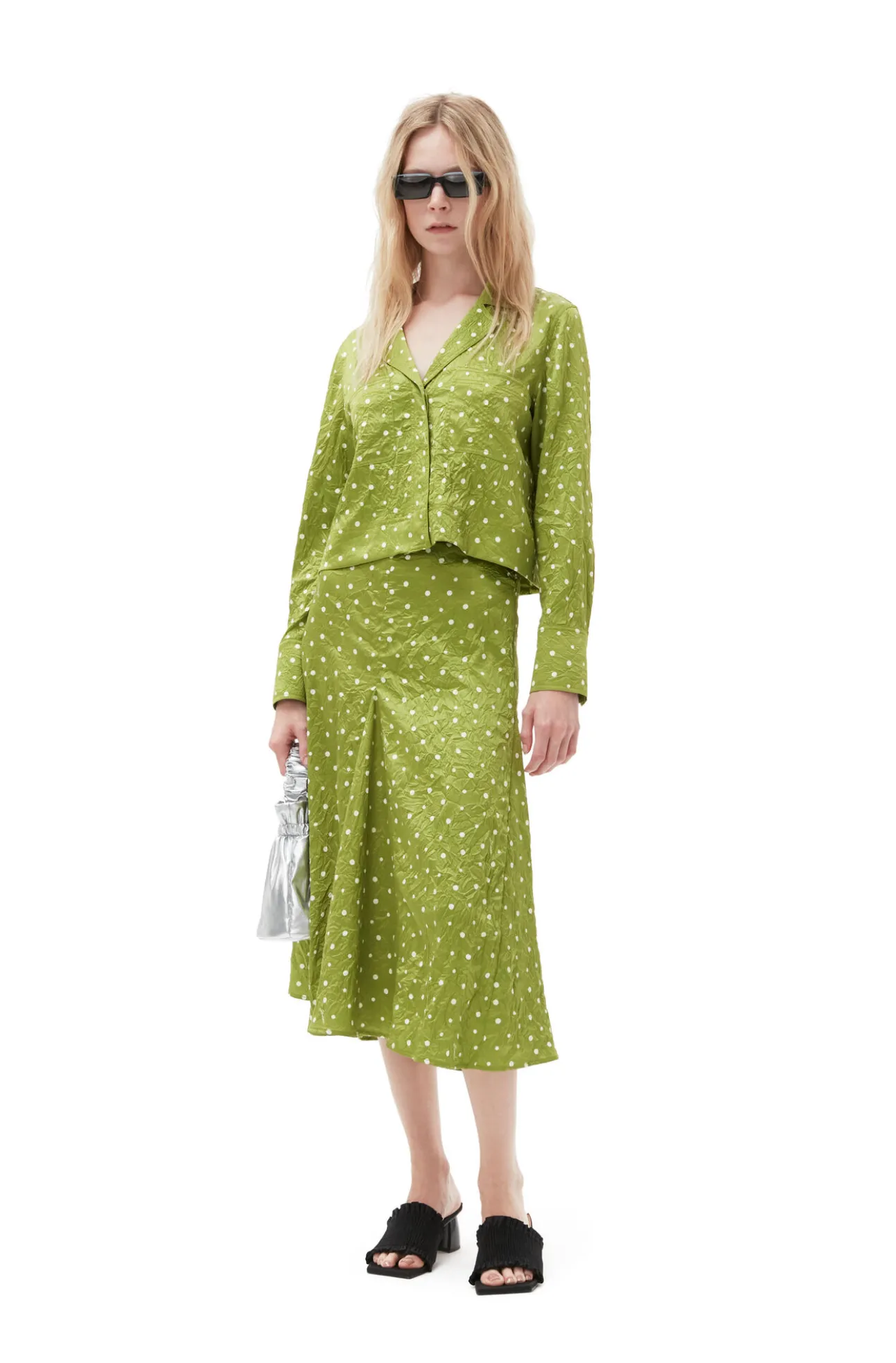 Cheap GANNI Crinkled Satin Cropped Blazer Shirt Going Green