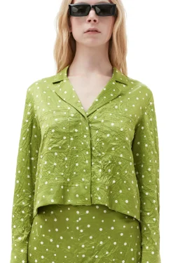 Cheap GANNI Crinkled Satin Cropped Blazer Shirt Going Green