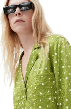 Cheap GANNI Crinkled Satin Cropped Blazer Shirt Going Green