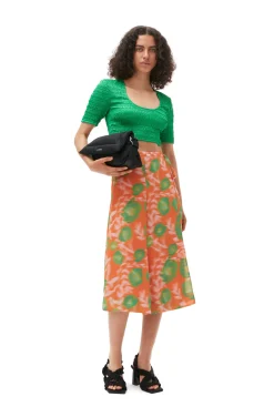Store GANNI Crinkled Satin Cropped Smock Blouse Bright Green