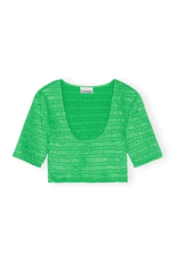 Store GANNI Crinkled Satin Cropped Smock Blouse Bright Green