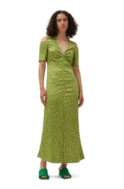 Outlet GANNI Crinkled Satin Maxi Dress Going Green