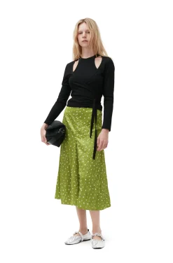 Shop GANNI Crinkled Satin Midi Skirt Going Green