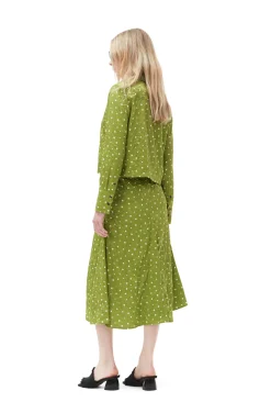 Shop GANNI Crinkled Satin Midi Skirt Going Green