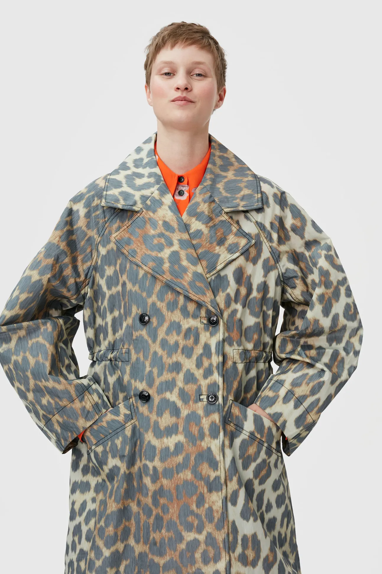 Discount GANNI Crispy Shell Coat Big Leopard Almond Milk
