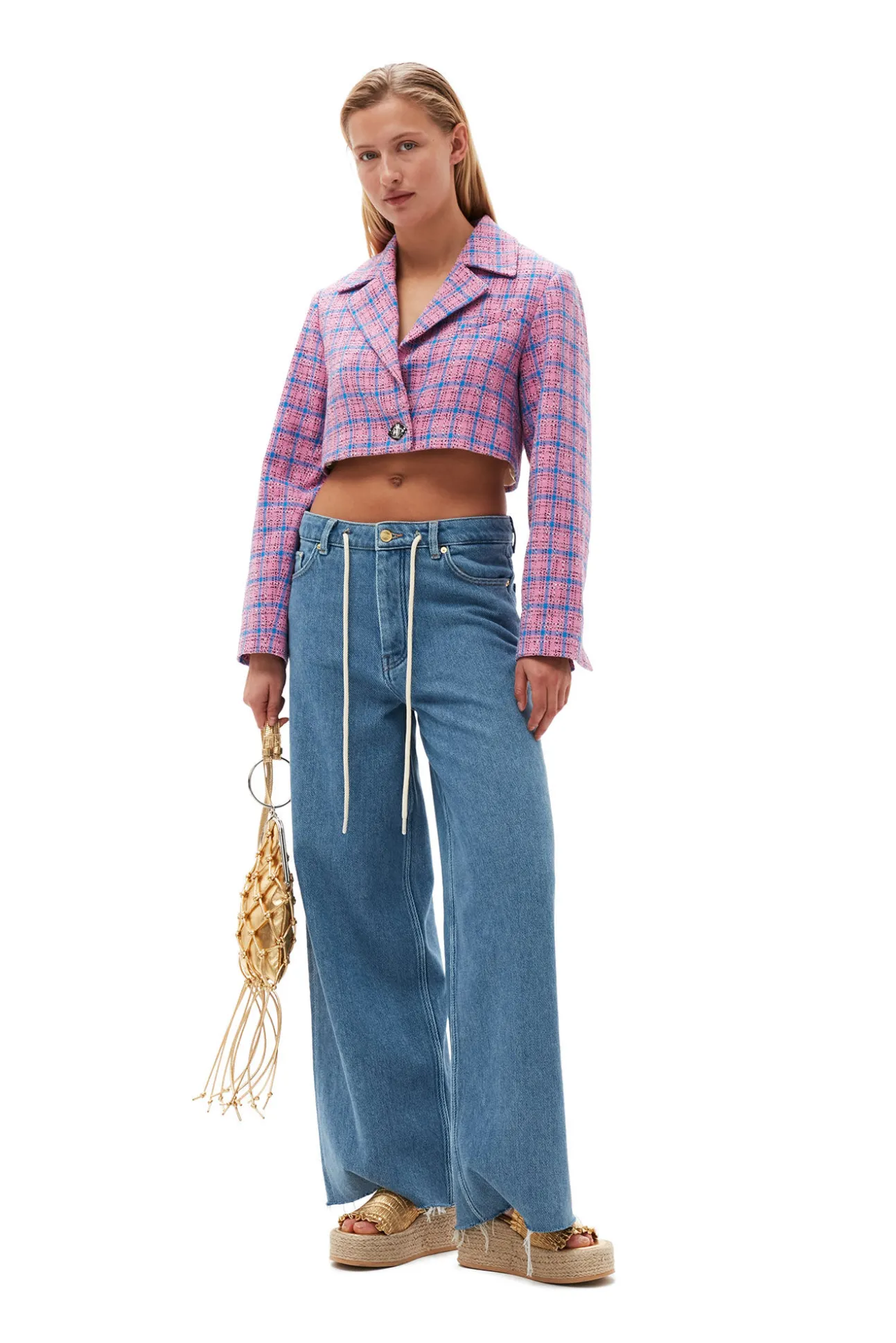 Fashion GANNI Cropped-Blazer Aus Kariertem Anzugstoff Wild Orchid