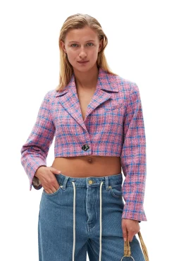Fashion GANNI Cropped-Blazer Aus Kariertem Anzugstoff Wild Orchid