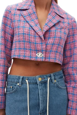 Fashion GANNI Cropped-Blazer Aus Kariertem Anzugstoff Wild Orchid