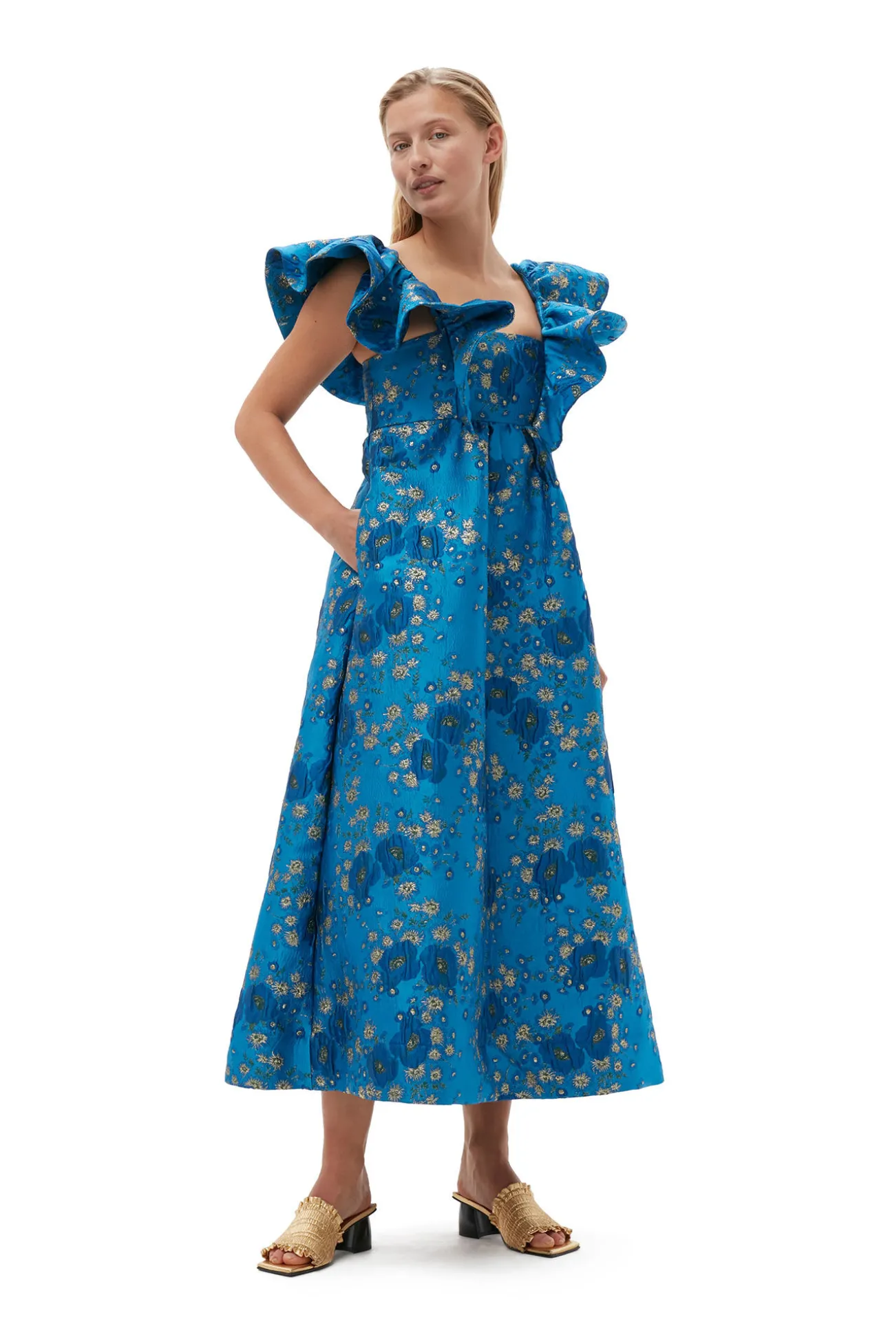 Shop GANNI 3D-Jacquard-Midikleid Mit Ruschen Brilliant Blue