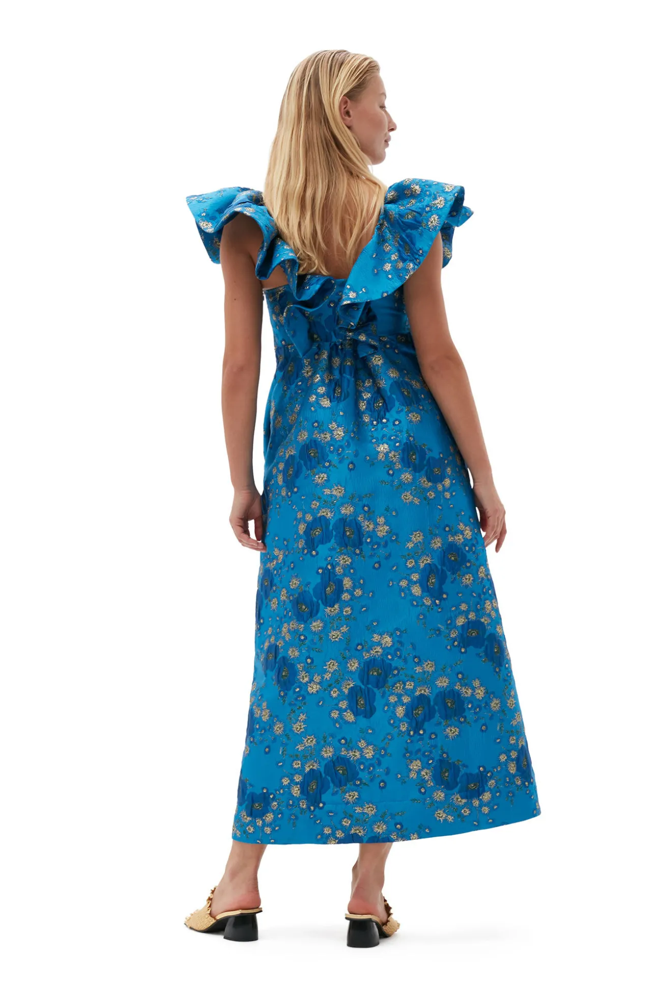 Shop GANNI 3D-Jacquard-Midikleid Mit Ruschen Brilliant Blue