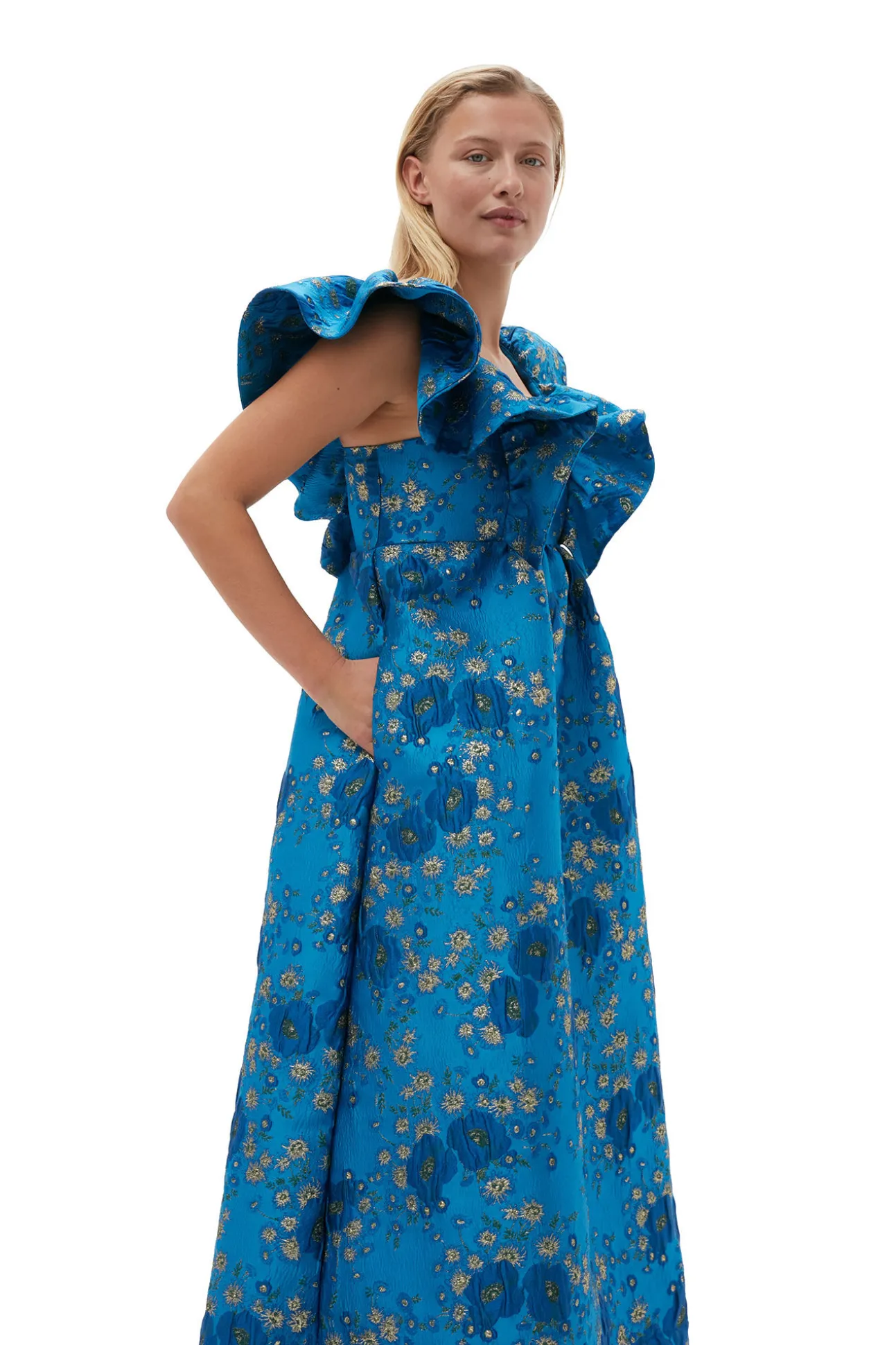 Shop GANNI 3D-Jacquard-Midikleid Mit Ruschen Brilliant Blue