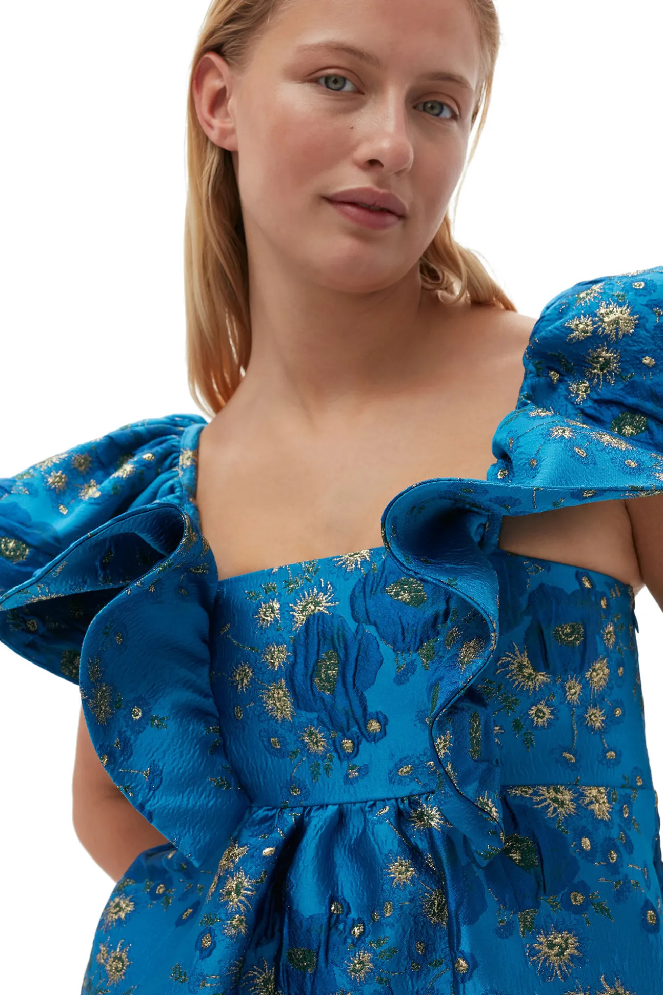 Shop GANNI 3D-Jacquard-Midikleid Mit Ruschen Brilliant Blue