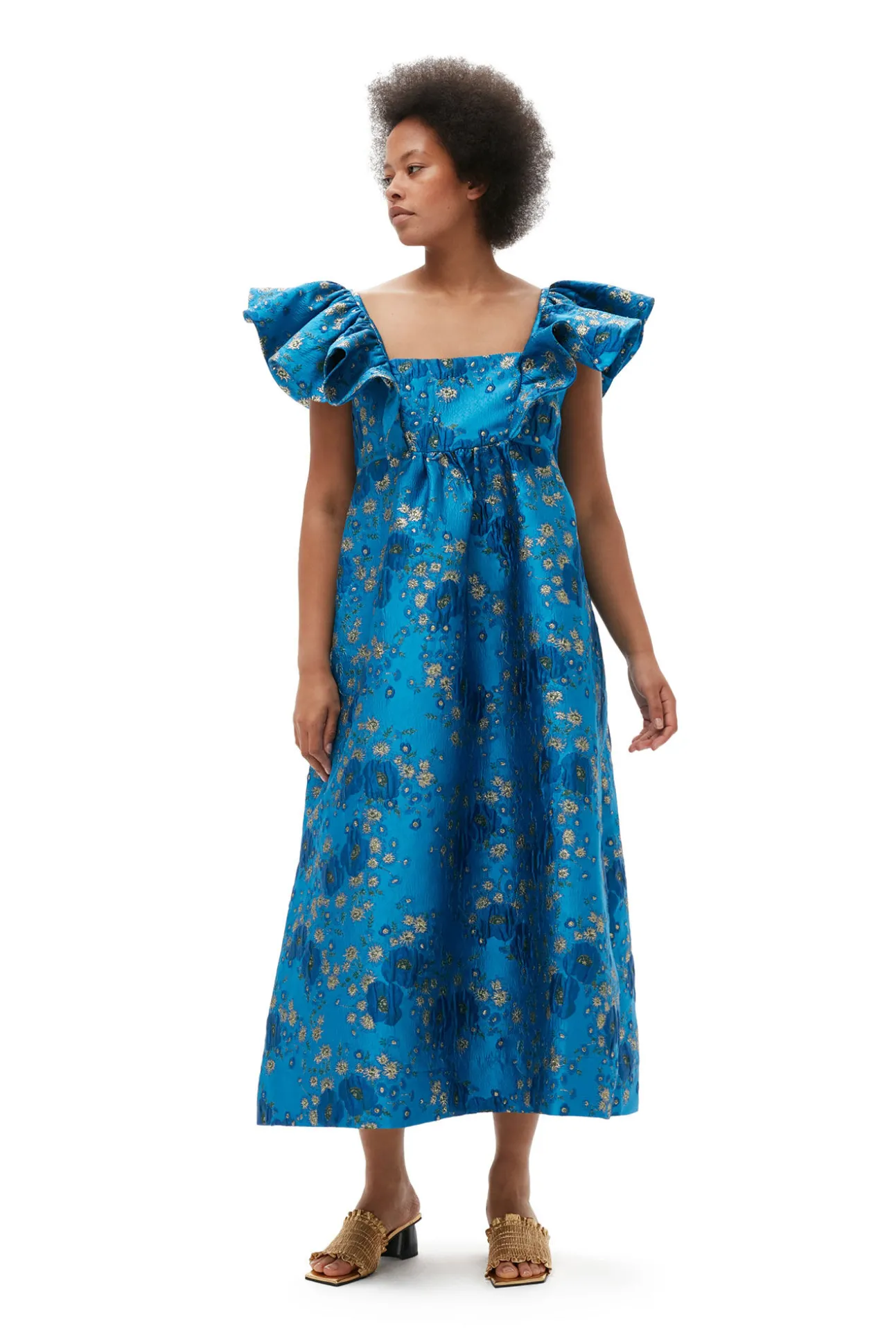 Shop GANNI 3D-Jacquard-Midikleid Mit Ruschen Brilliant Blue