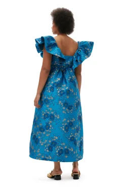 Shop GANNI 3D-Jacquard-Midikleid Mit Ruschen Brilliant Blue