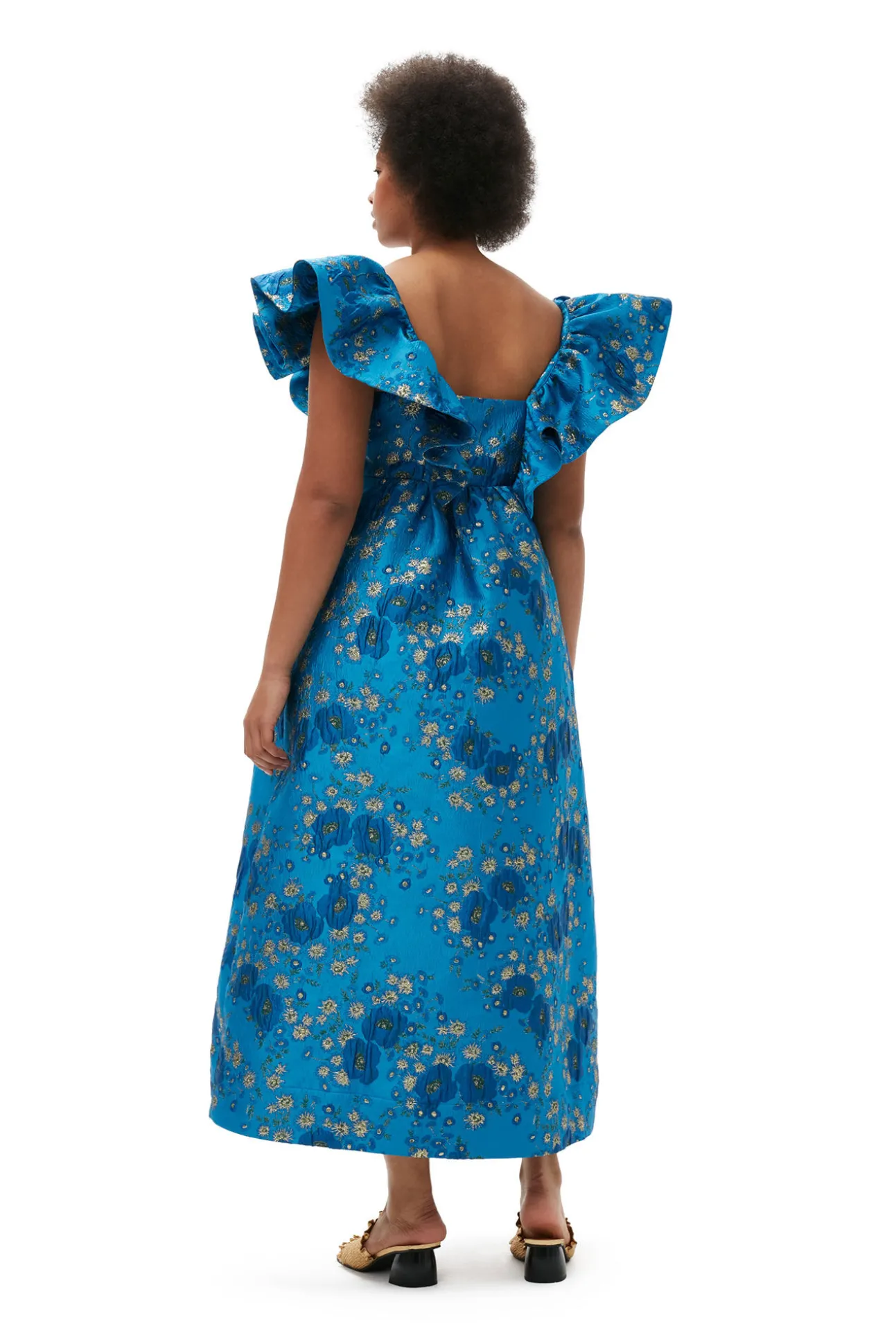 Shop GANNI 3D-Jacquard-Midikleid Mit Ruschen Brilliant Blue