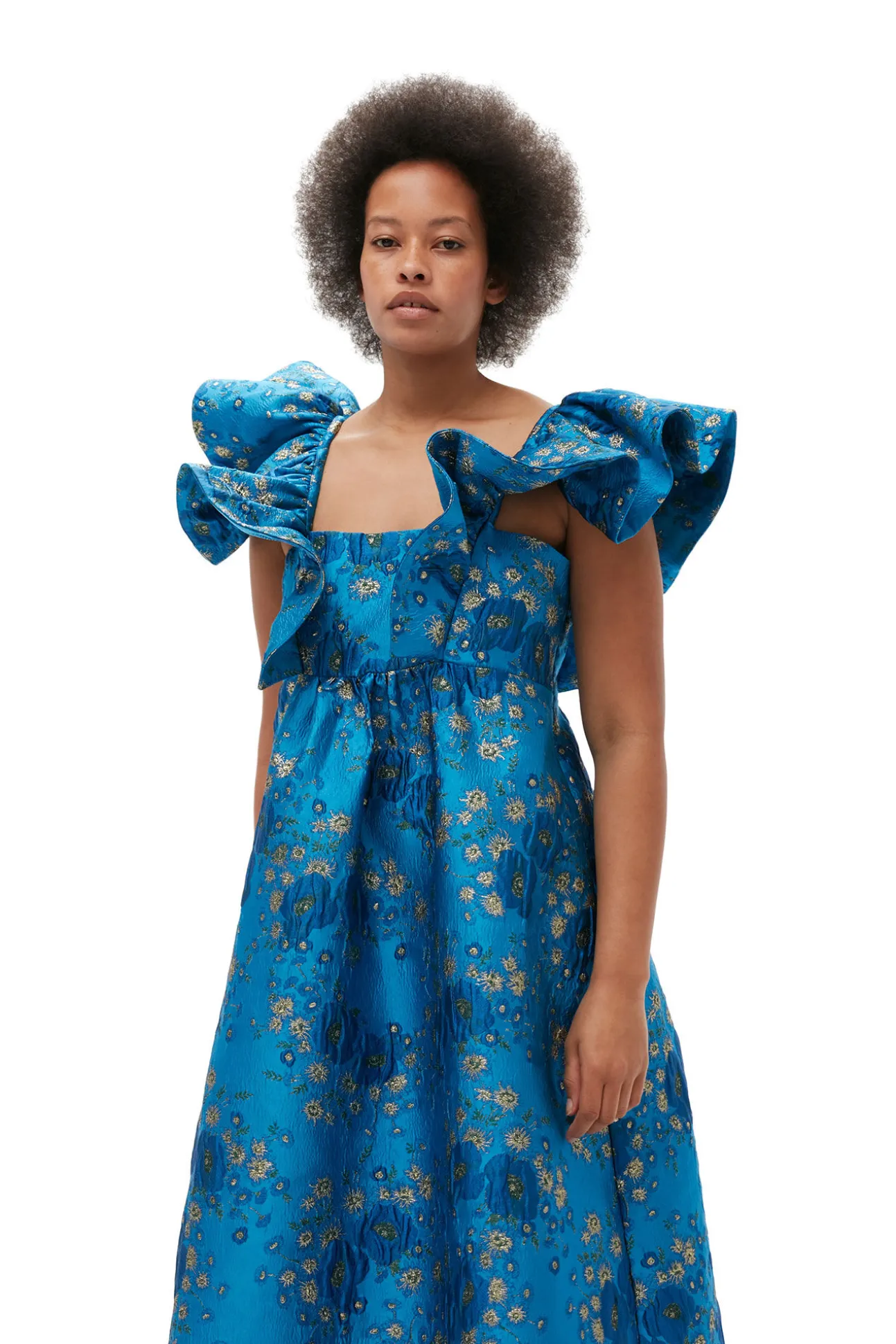 Shop GANNI 3D-Jacquard-Midikleid Mit Ruschen Brilliant Blue
