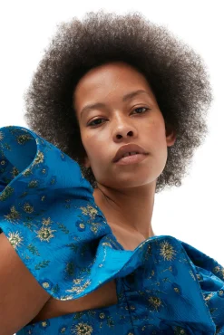 Shop GANNI 3D-Jacquard-Midikleid Mit Ruschen Brilliant Blue