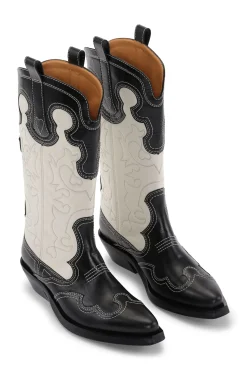 Online GANNI Einfarbige Mittelhohe Bestickte Westernstiefel Black/Egret