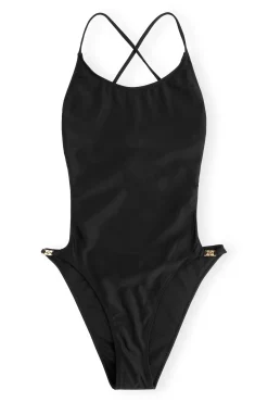 Outlet GANNI Einfarbiger String-Badeanzug Aus Recyceltem Material Black