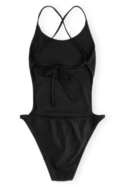 Outlet GANNI Einfarbiger String-Badeanzug Aus Recyceltem Material Black