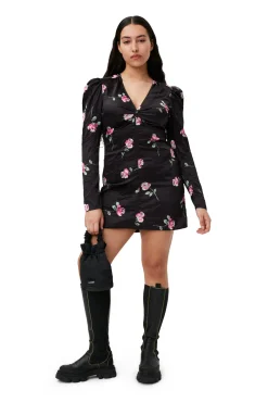 Discount GANNI Falten-Satin-Minikleid Mit V-Ausschnitt Black