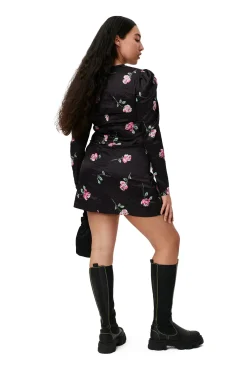 Discount GANNI Falten-Satin-Minikleid Mit V-Ausschnitt Black
